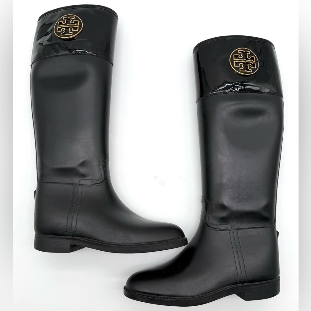 TORY BURCH Tall Rubber Rain Boots with Leather Collar Size 8B Designer